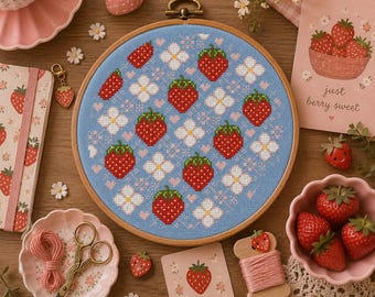 Strawberry Lace Cross Stitch Pattern | Cottage Strawberry Decor PDF | Floral Fruit Needlework Design