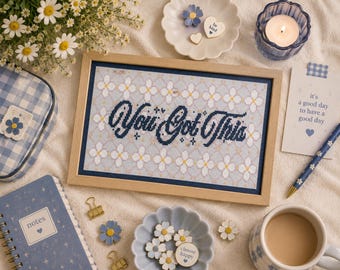 You Got This Navy Cross Stitch Pattern, Motivational Quote PDF, Blue Floral Stitch Chart