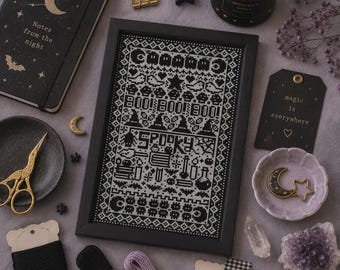 Cozy Spooks Black and White Cross Stitch Pattern PDF, Halloween Sampler