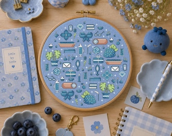 Blue Dreams Cross Stitch Pattern | Blue Cottagecore PDF | Cozy Floral Needlework Design