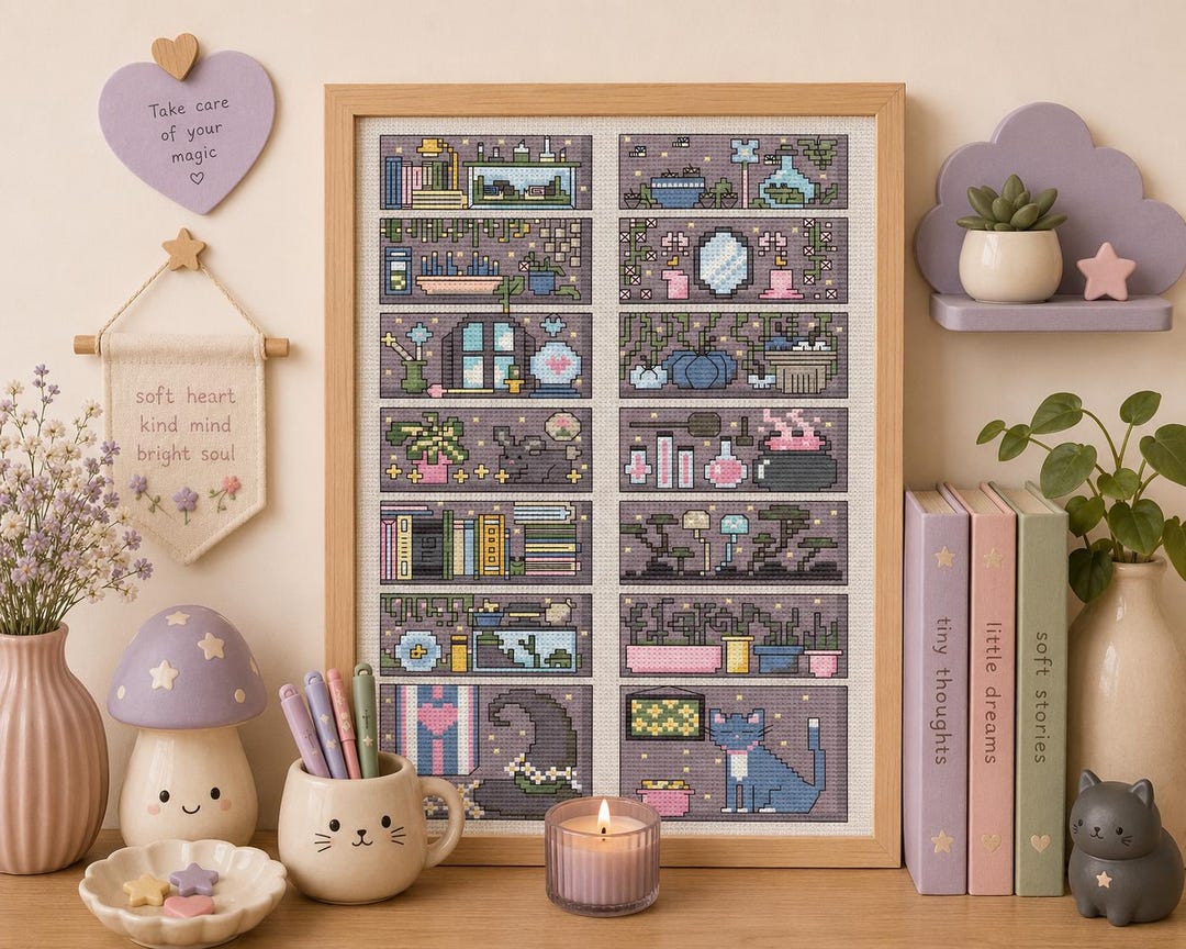 Cozy Witch Bookcase Cross Stitch Pattern | Magical Shelf PDF Chart ...