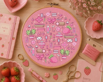 Pink Dreams Cross Stitch Pattern | Strawberry Cottagecore Decor PDF | Pink Kawaii Needlework Design