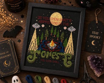 Forest Happening Cross Stitch Pattern PDF, Spooky Camping Sampler