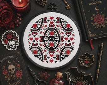 Skull and Red Rose Cross Stitch Pattern PDF, Gothic Floral Sampler