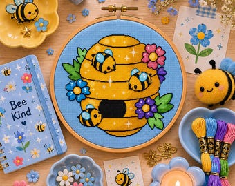 Honey Home Cross Stitch Pattern | Bee Cottagecore PDF | Floral Beehive Needlework Design