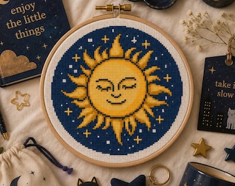 Celestial Sun Cross Stitch Pattern, Sun Moon Decor PDF, Mystical Solar Chart