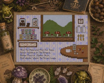 Goblin Cottage Cross Stitch Pattern PDF, Cozy Woodland Cottagecore Sampler