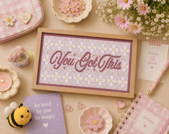 You Got This Mauve Cross Stitch Pattern, Motivational Quote PDF, Pink Floral Stitch Chart