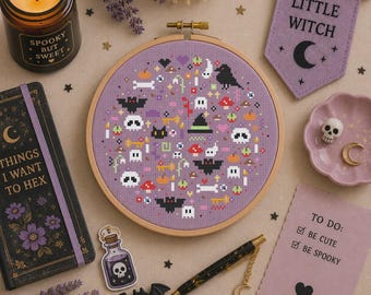 Spooky Nights Cross Stitch Pattern PDF, Cute Witchy Halloween Sampler