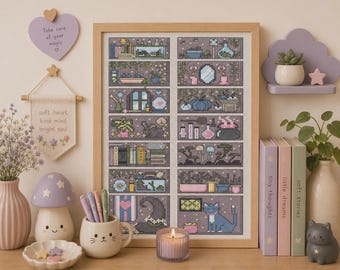 Cozy Witches Bookcase Cross Stitch Pattern PDF, Witchy Shelf Pattern