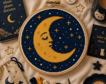 Celestial Moon Cross Stitch Pattern, Lunar Sampler, Moon Needlework Chart