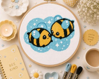 Bee Friends Cross Stitch Pattern | Bumble Bee PDF Chart | Cottagecore Hoop Design