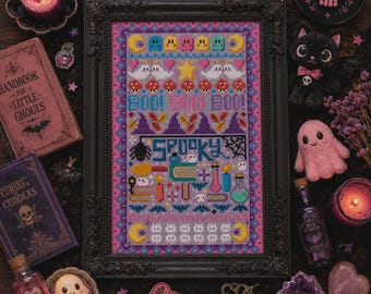Cozy Spooks Color Cross Stitch Pattern PDF, Cute Halloween Sampler