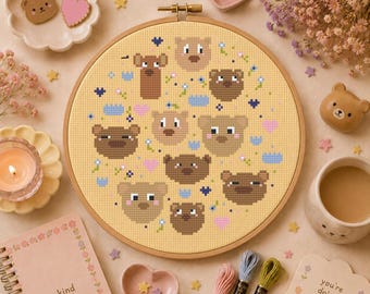 Beary Bears Cross Stitch Pattern | Kawaii Animal PDF Chart | Nursery Hoop Design