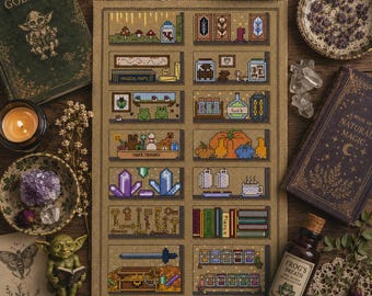 Goblin Bookshelf Cross Stitch Pattern PDF, Cottagecore Shelf Sampler