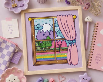 Happy Window Cross Stitch Pattern | Kawaii Landscape PDF | Pastel Room Decor
