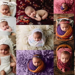 May include: A collage of 12 images featuring a newborn baby in various poses and outfits. The baby is wearing different headbands, hats, and swaddles. The images are set against a variety of backgrounds, including fur, fabric, and wood.