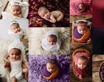 Op de afbeelding: Een collage van 12 afbeeldingen met een pasgeboren baby in verschillende poses en outfits. De baby draagt verschillende hoofdbanden, hoeden en swaddles. De afbeeldingen zijn tegen een verscheidenheid aan achtergronden geplaatst, waaronder bont, stof en hout.