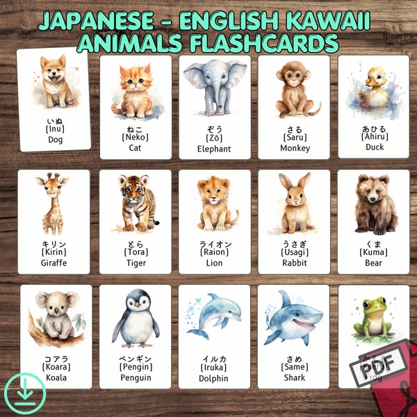 Japanisch Englisch Lernen Kawaii Tier Lernkarten - Hiragana Lernkarten, japanisch lernen, zweisprachige Bildkarten, druckbare Karten, Montessori