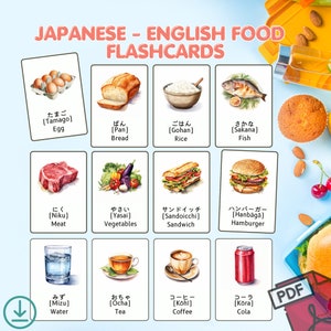 Afdrukbare digitale Japans-Engelse flashcards - Voedselset: hiragana flashcards, romaji flashcards, Montessorikaarten, foto's, GRATIS achteromslag
