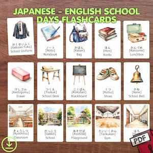 Flashcard a tema Giornate di studio dell'inglese giapponese - carte hiragana, impara il giapponese, cartoline illustrate bilingue, carte stampabili, Montessori