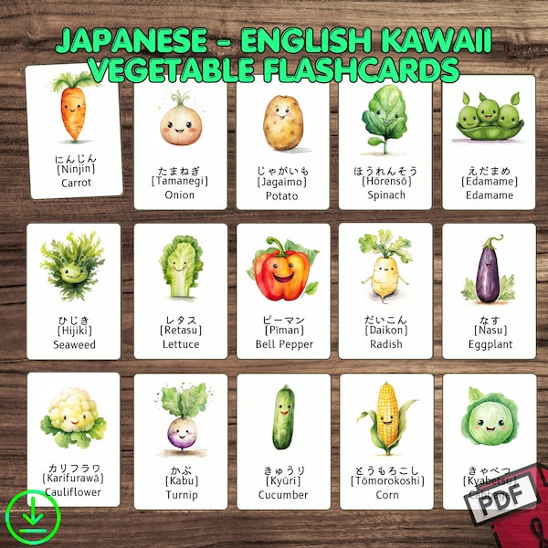 Japanisch Englisch Lernen Kawaii Gemüse Lernkarten - Hiragana Lernkarten, zweisprachige Bildkarten, druckbare Karten, Montessori