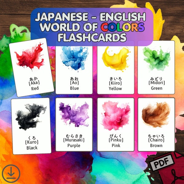Japanisch Englisch Lernfarben Brush Lernkarten - Hiragana Lernkarten, japanisch lernen, zweisprachige Bildkarten, druckbare Karten, Montessori