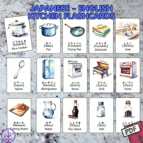 Japanisch Englisch Studie Küche Thema Karteikarten - Hiragana Karten, Japanisch lernen, zweisprachige Bildkarten, druckbare Karten, Montessori