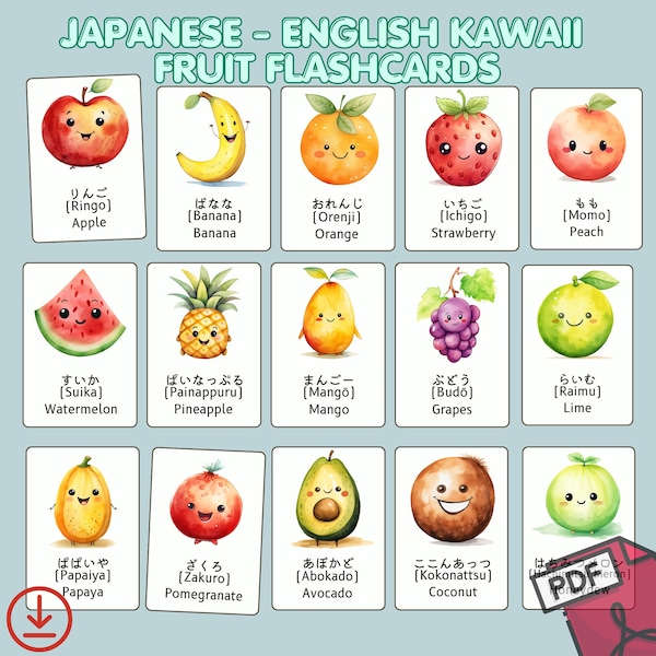 Japanisch Englisch Lernen Kawaii Fruit Lernkarten - Hiragana Lernkarten, japanisch lernen, zweisprachige Bildkarten, printable Karten, Montessori