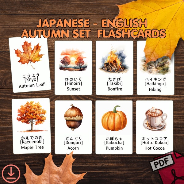 Japanisch Englisch Lernkarten Herbst - Hiragana Lernkarten, Japanisch lernen, zweisprachige Romaji Karten, druckbare Karten, Montessori Karten