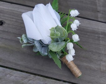 Rose Buttonhole for Groom Boutonniere bridal wedding party Groomsman flower Wedding flowers White rose Artificial flower Lily of the Valley