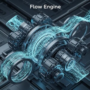 May include: A detailed, close-up image of a mechanical engine with a complex design. The engine is primarily metallic gray with intricate gears and circular components. Bright blue, flowing energy lines weave through the engine, and the text "Flow Engine" is at the top.