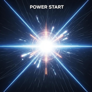 May include: Digital illustration of a bright, central explosion with radiating blue and orange light beams against a dark background. The words "POWER START" are displayed at the top.