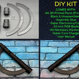 May include: A DIY kit for a lightsaber, featuring 3D-printed parts, assembly glue, electronics, a 32-inch RGB blade, hardware, a charger, and a user manual. The kit includes black and unassembled parts. The image also shows a completed lightsaber.