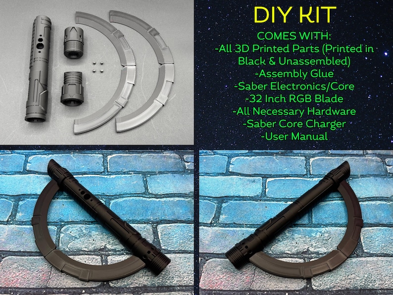 May include: A DIY kit for a lightsaber, featuring 3D-printed parts, assembly glue, electronics, a 32-inch RGB blade, hardware, a charger, and a user manual. The kit includes black and unassembled parts. The image also shows a completed lightsaber.