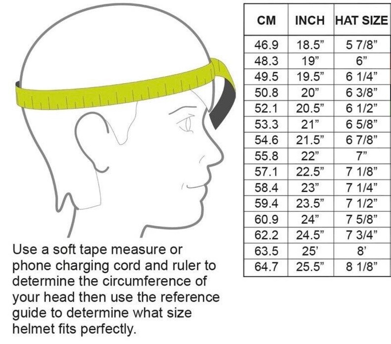 May include: Diagram illustrating how to measure head circumference for hat sizing. Includes a table with measurements in inches and centimeters, and hat sizes ranging from 5 7/8" to 8 1/8". Instructions advise using a tape measure or phone charging cord.