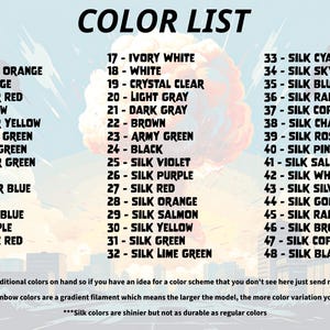 May include: A color list graphic with a stylized background. The text "COLOR LIST" is at the top. The list includes 48 colors, ranging from Red to Black Gold, with additional notes about silk rainbow colors and other color options.