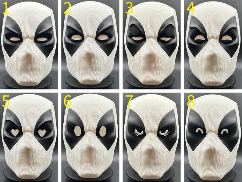 Puede incluir: Ocho m&aacute;scaras blancas de Deadpool con diferentes dise&ntilde;os de ojos. Las m&aacute;scaras tienen agujeros negros para los ojos y una boca negra.
