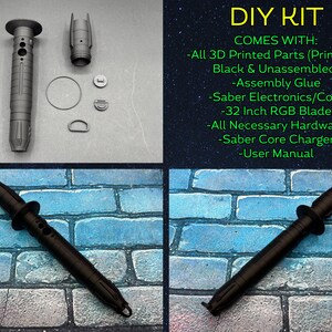 May include: A DIY kit for a lightsaber, featuring 3D-printed black parts, assembly glue, electronics, a 32-inch RGB blade, hardware, a charger, and a user manual. The image shows the disassembled components and the assembled lightsaber.
