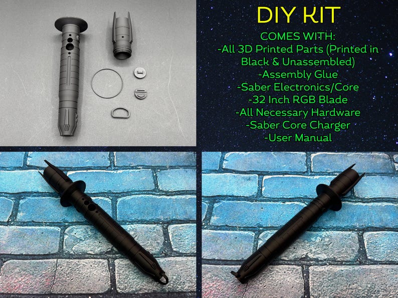 May include: A DIY kit for a lightsaber, featuring 3D-printed black parts, assembly glue, electronics, a 32-inch RGB blade, hardware, a charger, and a user manual. The image shows the disassembled components and the assembled lightsaber.