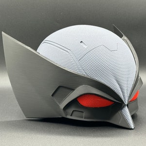 May include: A black and gray 3D printed helmet with red mesh eyes. The helmet has a textured surface and a pointed beak.