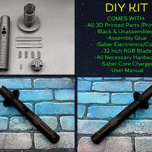 Puede incluir: Kit de bricolaje para un sable de luz, con piezas impresas en 3D, pegamento, electr&oacute;nica, una hoja RGB de 81 cm, hardware, un cargador y un manual. La imagen muestra las piezas sin montar y un sable de luz negro ensamblado.