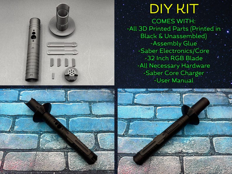 Puede incluir: Kit de bricolaje para un sable de luz, con piezas impresas en 3D, pegamento, electr&oacute;nica, una hoja RGB de 81 cm, hardware, un cargador y un manual. La imagen muestra las piezas sin montar y un sable de luz negro ensamblado.