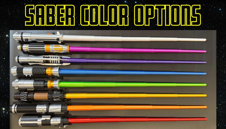 May include: Image shows seven lightsabers with different colored blades: white, pink, purple, blue, green, orange, and red. The hilts are silver and black. The text "SABER COLOR OPTIONS" is at the top in yellow.