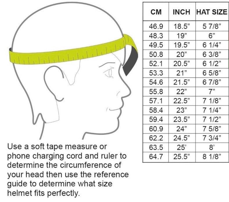K&ouml;nnte beinhalten: Eine schwarz-wei&szlig;e Strichzeichnung eines Kopfes mit einem gelben Ma&szlig;band. Eine Tabelle zeigt die Spalten CM, INCH und HAT SIZE. Der Text lautet: Use a soft tape measure or phone charging cord and ruler to determine the circumference of your head then use the reference guide to determine what size helmet fits perfectly.
