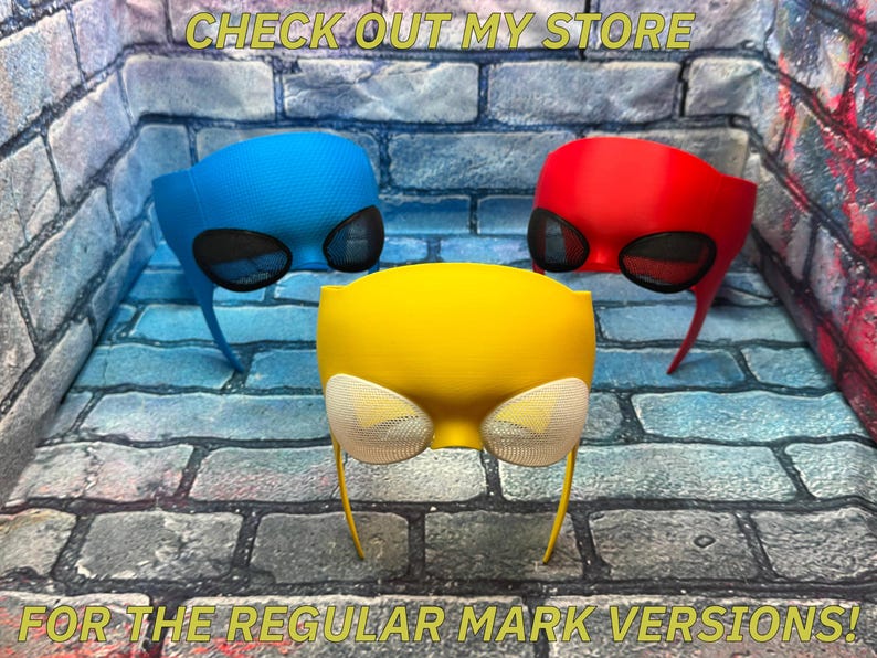 May include: Three superhero-style masks in blue, red, and yellow, each featuring mesh eye coverings. The text CHECK OUT MY STORE FOR THE REGULAR MARK VERSIONS is visible at the top and bottom of the image against a brick wall background.