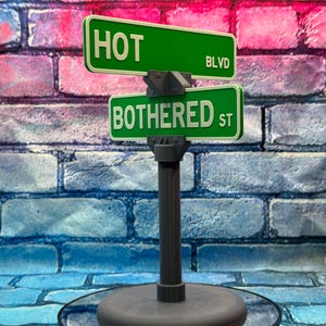May include: A decorative street sign with two green signs. The top sign reads "HOT BLVD" and the bottom sign reads "BOTHERED ST" in white letters. The sign is mounted on a dark gray post and base, set against a brick wall.