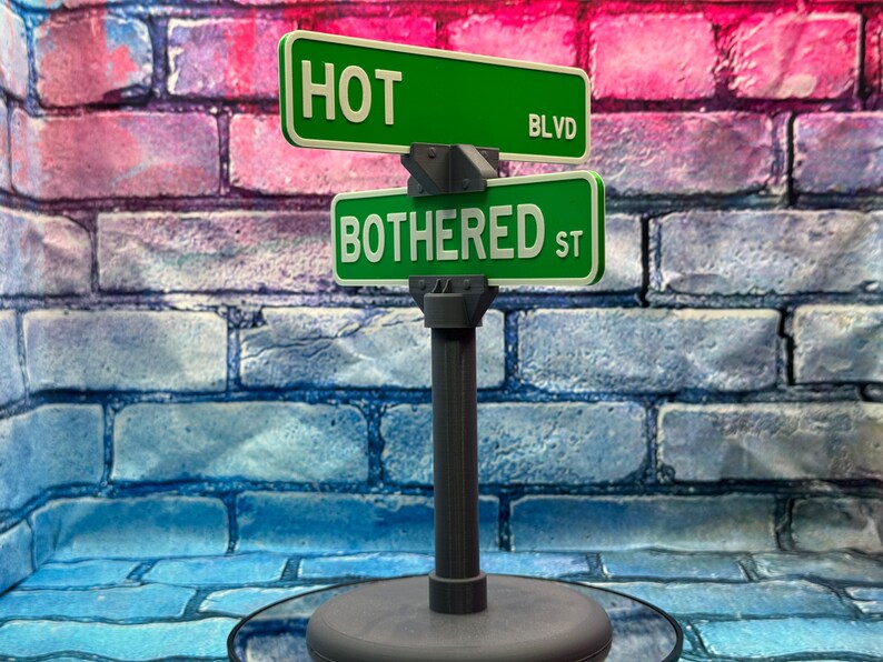 May include: A decorative street sign with two green signs. The top sign reads "HOT BLVD" and the bottom sign reads "BOTHERED ST" in white letters. The sign is mounted on a dark gray post and base, set against a brick wall.
