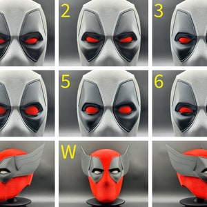 K&ouml;nnte beinhalten: Ein Set mit 6 Deadpool-Masken mit verschiedenen Augen-Designs. Die Masken sind wei&szlig; mit schwarzen Details und roten Augen. Die Masken sind von 1 bis 6 nummeriert. Es gibt auch eine rote Deadpool-Maske mit schwarzen Fl&uuml;geln und schwarzen Augen, die mit "W" gekennzeichnet ist.