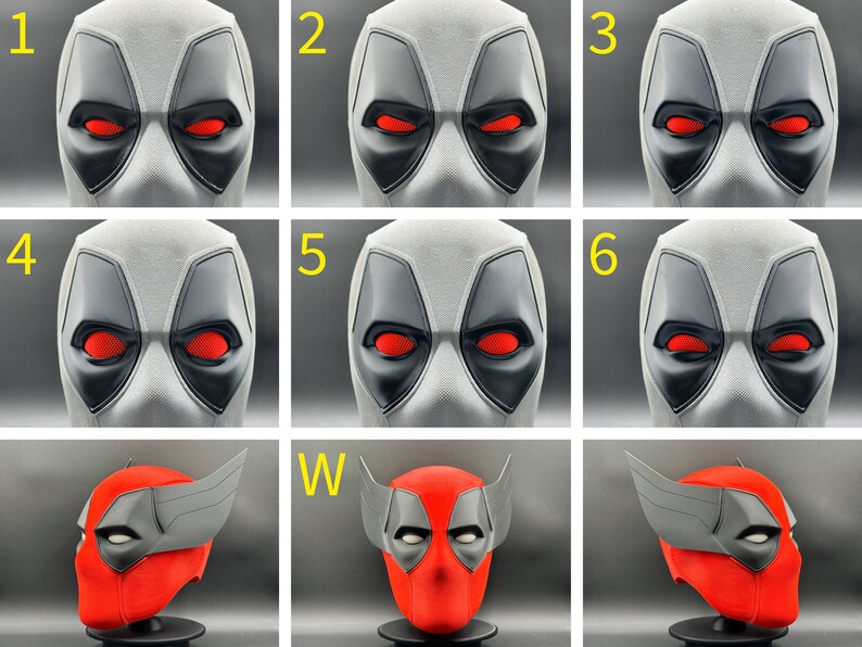 K&ouml;nnte beinhalten: Ein Set mit 6 Deadpool-Masken mit verschiedenen Augen-Designs. Die Masken sind wei&szlig; mit schwarzen Details und roten Augen. Die Masken sind von 1 bis 6 nummeriert. Es gibt auch eine rote Deadpool-Maske mit schwarzen Fl&uuml;geln und schwarzen Augen, die mit "W" gekennzeichnet ist.